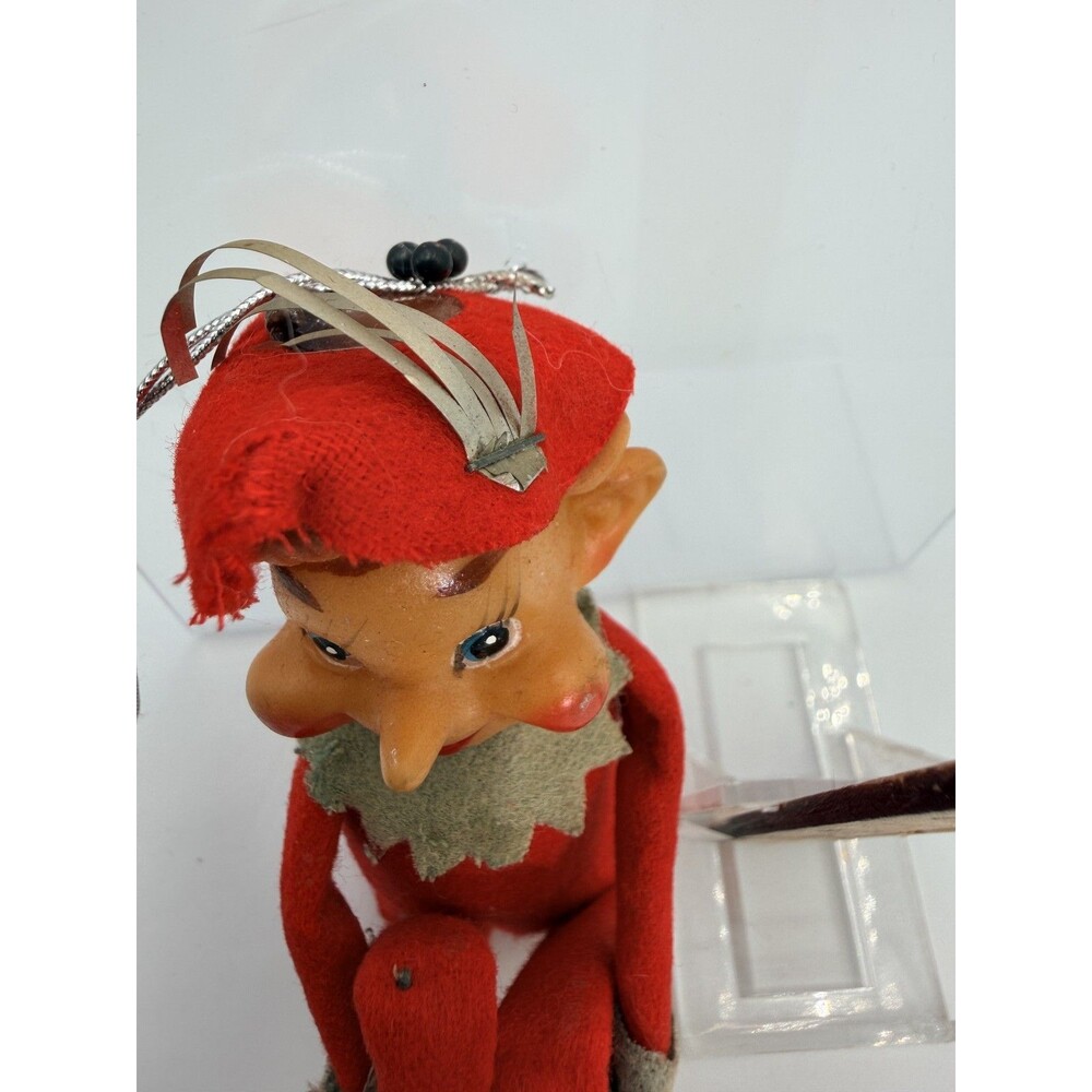 Vintage Christmas Elf Ornament Knee Hugger Red Felt Poseable Pixie Retro - Picture 4 of 13